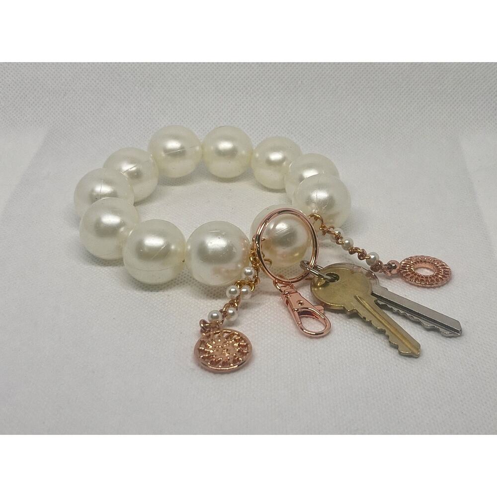 Handmade Pearl Key Ring Bracelet Wristlet Purse Charm Rose Gold
